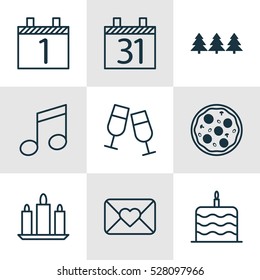 Set Of 9 Celebration Icons. Can Be Used For Web, Mobile, UI And Infographic Design. Includes Elements Such As Wax, Celebration Cake, Champagne Glasses And More.