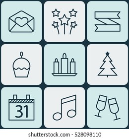 Set Of 9 Celebration Icons. Can Be Used For Web, Mobile, UI And Infographic Design. Includes Elements Such As Decorated Tree, Date, Festive Fireworks And More.