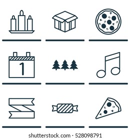Set Of 9 Celebration Icons. Can Be Used For Web, Mobile, UI And Infographic Design. Includes Elements Such As Sweet, Wax, Open Cardboard And More.