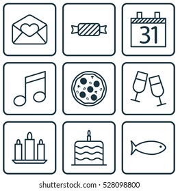 Set Of 9 Celebration Icons. Can Be Used For Web, Mobile, UI And Infographic Design. Includes Elements Such As Greeting Email, Wax, Pizza Meal And More.