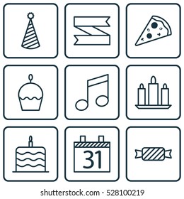 Set Of 9 Celebration Icons. Can Be Used For Web, Mobile, UI And Infographic Design. Includes Elements Such As Date, Crotchets, Birthday Hat And More.
