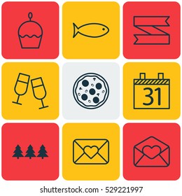 Set Of 9 Celebration Icons. Can Be Used For Web, Mobile, UI And Infographic Design. Includes Elements Such As Celebration Letter, Birthday Cake, Holiday Ornament And More.