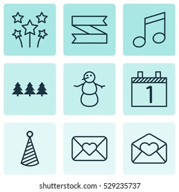 Set Of 9 Celebration Icons. Can Be Used For Web, Mobile, UI And Infographic Design. Includes Elements Such As Agenda, Festive Fireworks, Holiday Ornament And More.