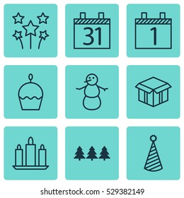 Set Of 9 Celebration Icons. Can Be Used For Web, Mobile, UI And Infographic Design. Includes Elements Such As Date, Festive Fireworks, Agenda And More.