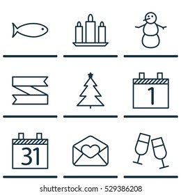 Set Of 9 Celebration Icons. Can Be Used For Web, Mobile, UI And Infographic Design. Includes Elements Such As Decorated Tree, Wax, Greeting Email And More.