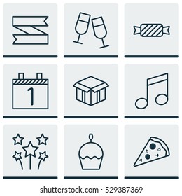 Set Of 9 Celebration Icons. Can Be Used For Web, Mobile, UI And Infographic Design. Includes Elements Such As Sliced Pizza, Open Cardboard, Crotchets And More.