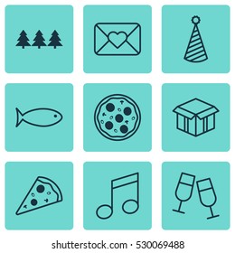 Set Of 9 Celebration Icons. Can Be Used For Web, Mobile, UI And Infographic Design. Includes Elements Such As Champagne Glasses, Pizza Meal, Birthday Hat And More.