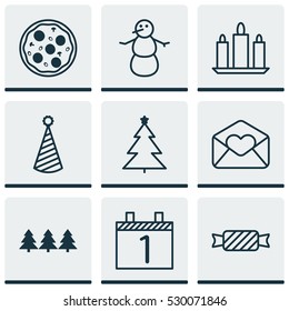 Set Of 9 Celebration Icons. Can Be Used For Web, Mobile, UI And Infographic Design. Includes Elements Such As Winter, Greeting Email, Wax And More.