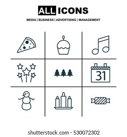 Set Of 9 Celebration Icons. Can Be Used For Web, Mobile, UI And Infographic Design. Includes Elements Such As Wax, Winter, Holiday Ornament And More.