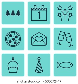 Set Of 9 Celebration Icons. Can Be Used For Web, Mobile, UI And Infographic Design. Includes Elements Such As Pizza Meal, Fishing, Agenda And More.