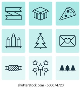 Set Of 9 Celebration Icons. Can Be Used For Web, Mobile, UI And Infographic Design. Includes Elements Such As Blank Ribbon, Wax, Celebration Letter And More.