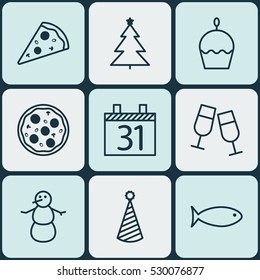 Set Of 9 Celebration Icons. Can Be Used For Web, Mobile, UI And Infographic Design. Includes Elements Such As Birthday Hat, Sliced Pizza, Birthday Cake And More.