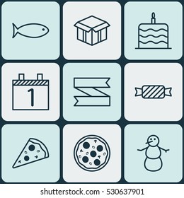 Set Of 9 Celebration Icons. Can Be Used For Web, Mobile, UI And Infographic Design. Includes Elements Such As Blank Ribbon, Agenda, Sliced Pizza And More.