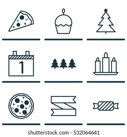 Set Of 9 Celebration Icons. Can Be Used For Web, Mobile, UI And Infographic Design. Includes Elements Such As Holiday Ornament, Decorated Tree, Pizza Meal And More.