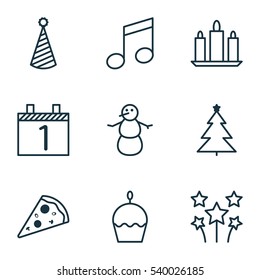 Set Of 9 Celebration Icons. Includes Sliced Pizza, Crotchets, Agenda And Other Symbols. Beautiful Design Elements.