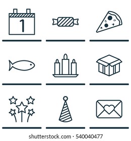 Set Of 9 Celebration Icons. Includes Celebration Letter, Sliced Pizza, Sweet And Other Symbols. Beautiful Design Elements.