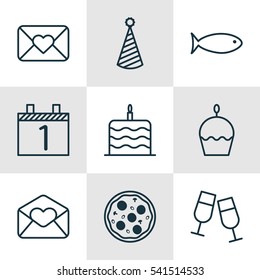 Set Of 9 Celebration Icons. Includes Greeting Email, Birthday Hat, Pizza Meal And Other Symbols. Beautiful Design Elements.