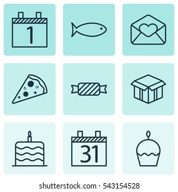 Set Of 9 Celebration Icons. Includes Greeting Email, Fishing, Sweet And Other Symbols. Beautiful Design Elements.