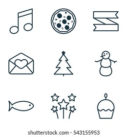 Set Of 9 Celebration Icons. Includes Pizza Meal, Winter, Decorated Tree And Other Symbols. Beautiful Design Elements.
