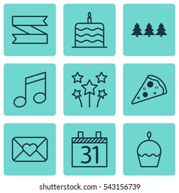 Set Of 9 Celebration Icons. Includes Sliced Pizza, Blank Ribbon, Date And Other Symbols. Beautiful Design Elements.