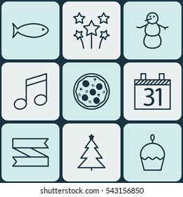 Set Of 9 Celebration Icons. Includes Date, Birthday Cake, Decorated Tree And Other Symbols. Beautiful Design Elements.