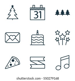 Set Of 9 Celebration Icons. Includes Sliced Pizza, Celebration Cake, Holiday Ornament And Other Symbols. Beautiful Design Elements.