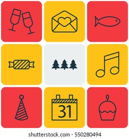 Set Of 9 Celebration Icons. Includes Fishing, Greeting Email, Crotchets And Other Symbols. Beautiful Design Elements.