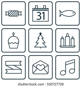 Set Of 9 Celebration Icons. Includes Wax, Birthday Cake, Blank Ribbon And Other Symbols. Beautiful Design Elements.