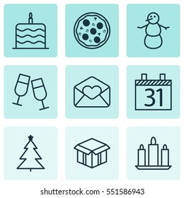 Set Of 9 Celebration Icons. Includes Winter, Wax, Decorated Tree And Other Symbols. Beautiful Design Elements.