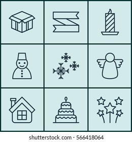 Set Of 9 Celebration Icons. Includes Fire Wax, Dessert, Festive Fireworks And Other Symbols. Beautiful Design Elements.