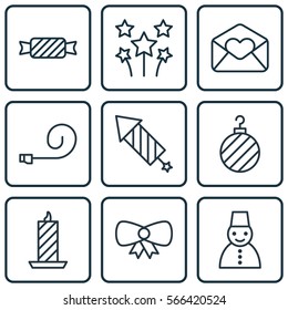Set Of 9 Celebration Icons. Includes Fire Wax, Festive Fireworks, Butterfly Knot And Other Symbols. Beautiful Design Elements.