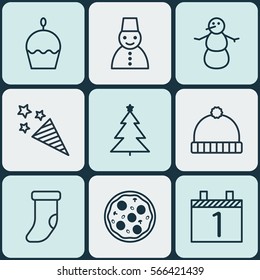 Set Of 9 Celebration Icons. Includes Decorated Tree, Birthday Cake, Knitted Cap And Other Symbols. Beautiful Design Elements.