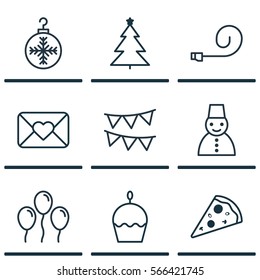Set Of 9 Celebration Icons. Includes Celebration Letter, Celebrate Whistle, Sliced Pizza And Other Symbols. Beautiful Design Elements.