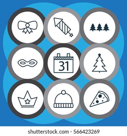 Set Of 9 Celebration Icons. Includes Corona, Knitted Cap, Firework And Other Symbols. Beautiful Design Elements.