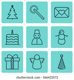 Set Of 9 Celebration Icons. Includes Birthday Hat, Celebration Cake, Snow Person And Other Symbols. Beautiful Design Elements.