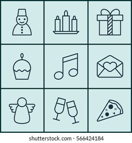 Set Of 9 Celebration Icons. Includes Sliced Pizza, Birthday Cake, Greeting Email And Other Symbols. Beautiful Design Elements.