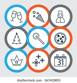 Set Of 9 Celebration Icons. Includes Firecracker, Sparkles, Snow Person And Other Symbols. Beautiful Design Elements.