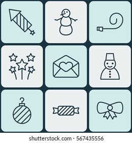Set Of 9 Celebration Icons. Includes Snow Person, Festive Fireworks, Celebrate Whistle And Other Symbols. Beautiful Design Elements.