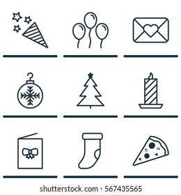 Set Of 9 Celebration Icons. Includes Celebration Letter, Firecracker, Fire Wax And Other Symbols. Beautiful Design Elements.