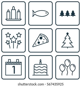 Set Of 9 Celebration Icons. Includes Fishing, Sliced Pizza, Decorated Tree And Other Symbols. Beautiful Design Elements.