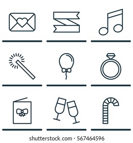 Set Of 9 Celebration Icons. Includes Celebration Letter, Blank Ribbon, Celebration Card And Other Symbols. Beautiful Design Elements.