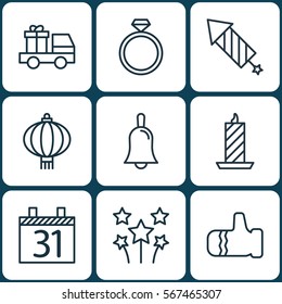 Set Of 9 Celebration Icons. Includes Date, Traditional Lamp, Mitten And Other Symbols. Beautiful Design Elements.