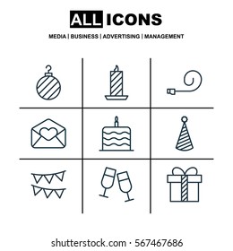 Set Of 9 Celebration Icons. Includes Celebrate Whistle, Champagne Glasses, Celebration Cake And Other Symbols. Beautiful Design Elements.