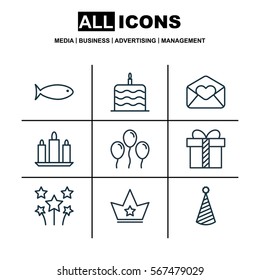 Set Of 9 Celebration Icons. Includes Birthday Hat, Fishing, Gift And Other Symbols. Beautiful Design Elements.