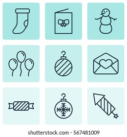 Set Of 9 Celebration Icons. Includes Sweet, Celebration Card, Firework And Other Symbols. Beautiful Design Elements.