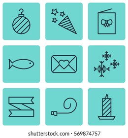 Set Of 9 Celebration Icons. Includes Celebrate Whistle, Fire Wax, Firecracker And Other Symbols. Beautiful Design Elements.