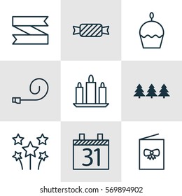 Set Of 9 Celebration Icons. Includes Birthday Cake, Sweet, Wax And Other Symbols. Beautiful Design Elements.