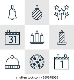Set Of 9 Celebration Icons. Includes Festive Fireworks, Handbell, Pizza Meal Symbols. Beautiful Design Elements.
