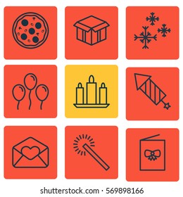 Set Of 9 Celebration Icons. Includes Open Cardboard, Celebration Card, Greeting Email And Other Symbols. Beautiful Design Elements.