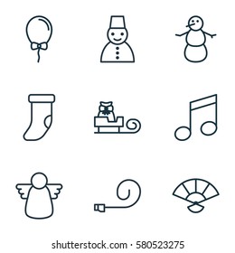 Set Of 9 Celebration Icons. Includes Fireplace Decoration, Crotchets, Sleigh And Other Symbols. Beautiful Design Elements.
